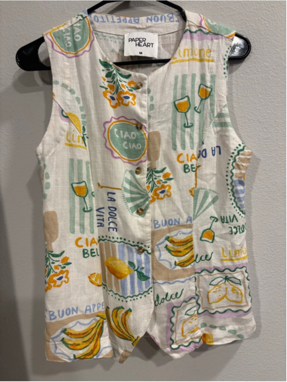 Cream Lemon-Print Sleeveless Button Front Vest - White/Yellow